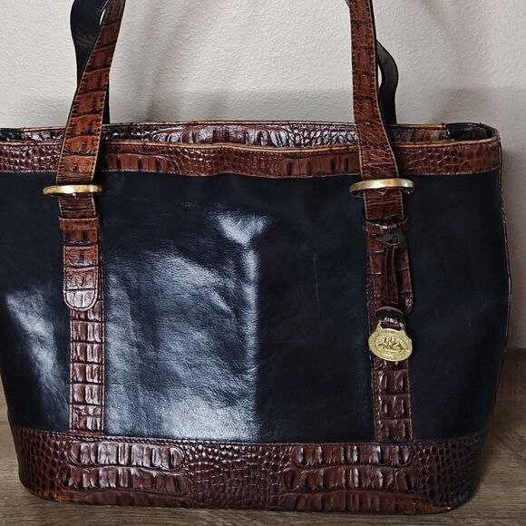 Brahmin Tote Bag Womens Black Brown Croc Embossed Italian Leather Shoulder Purse - Picture 1 of 16